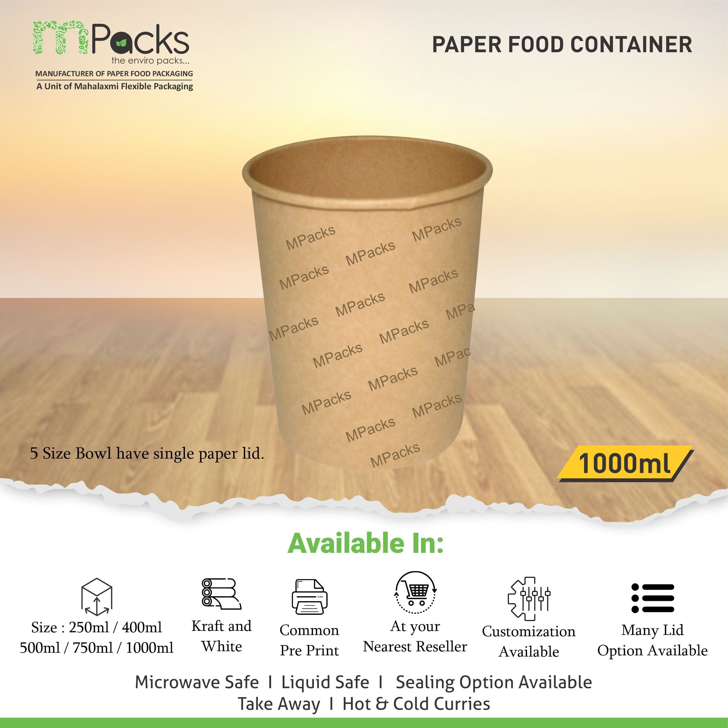 Paper Food Container - kraft Paper with Lid - 1000ml