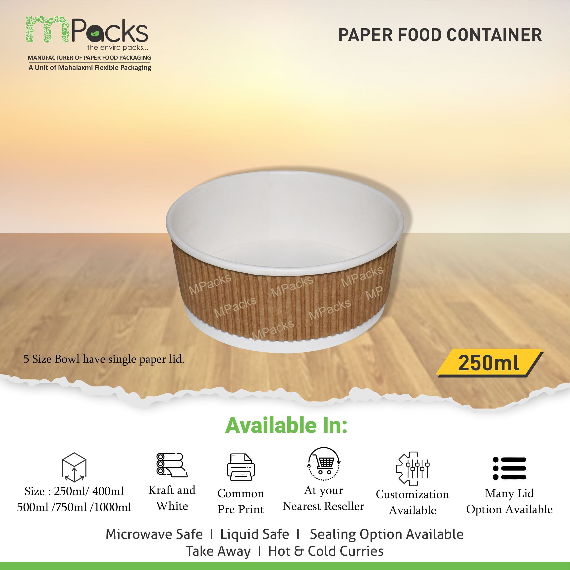 Paper Food Container - White and Ripple Paper with Lid - 250ml
