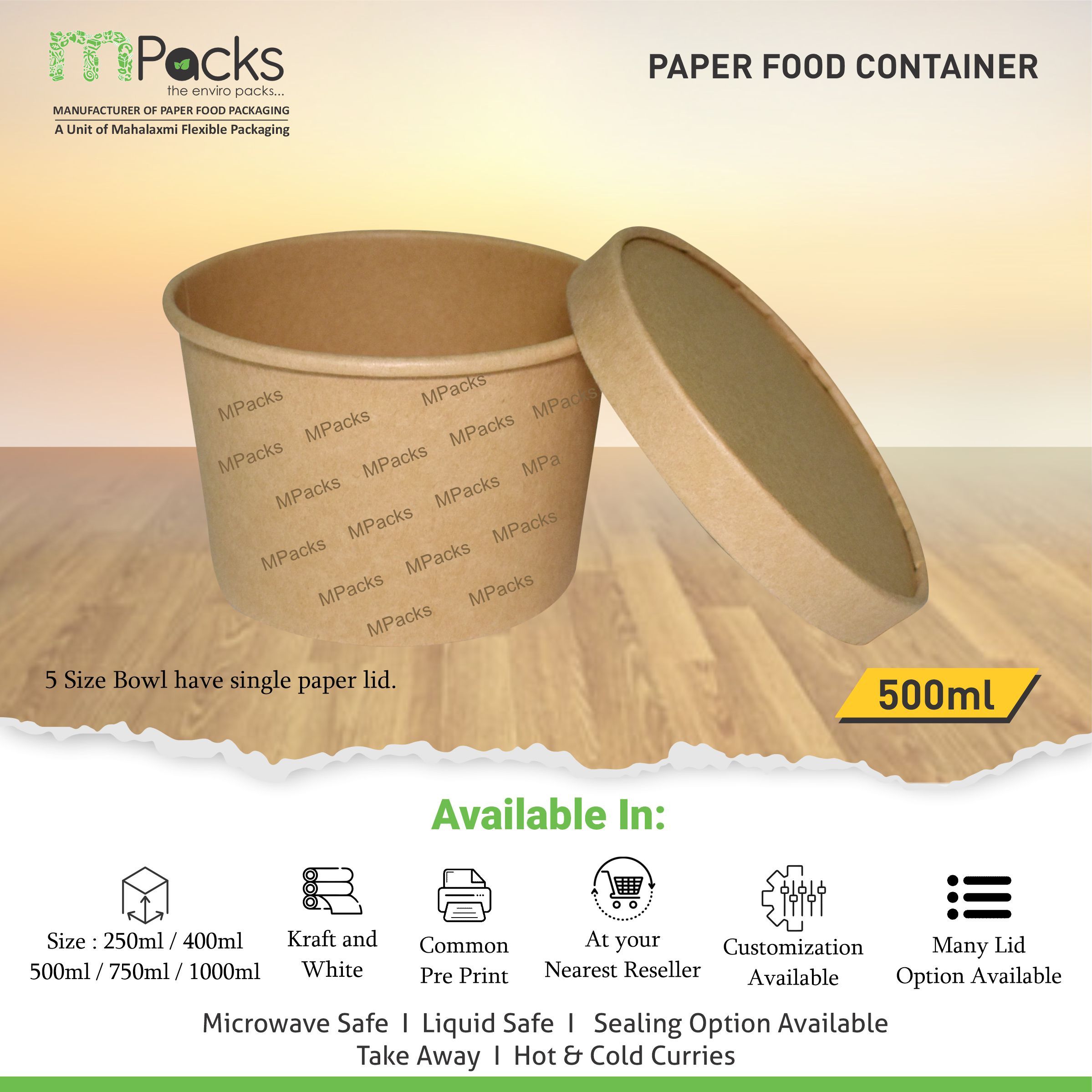 Paper Food Container - kraft Paper with Lid - 500ml