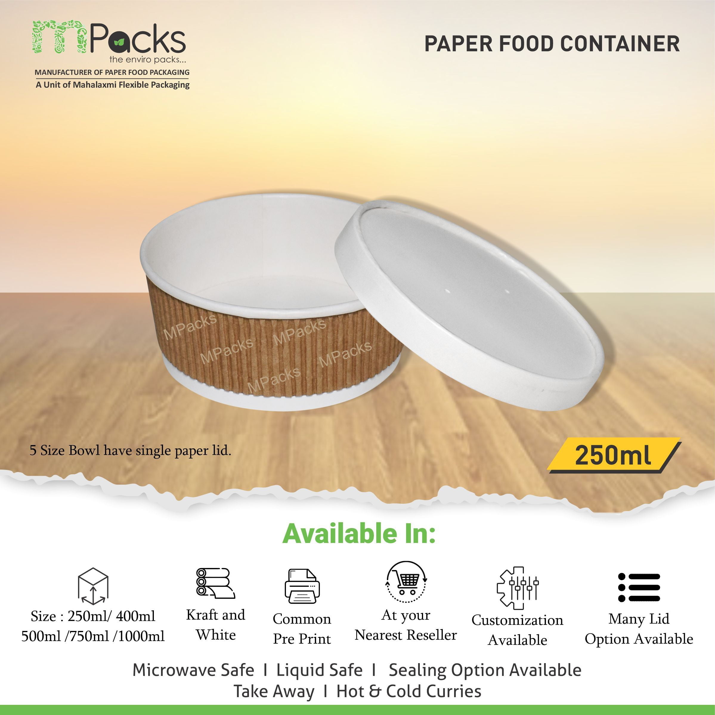 Paper Food Container - White and Ripple Paper with Lid - 250ml