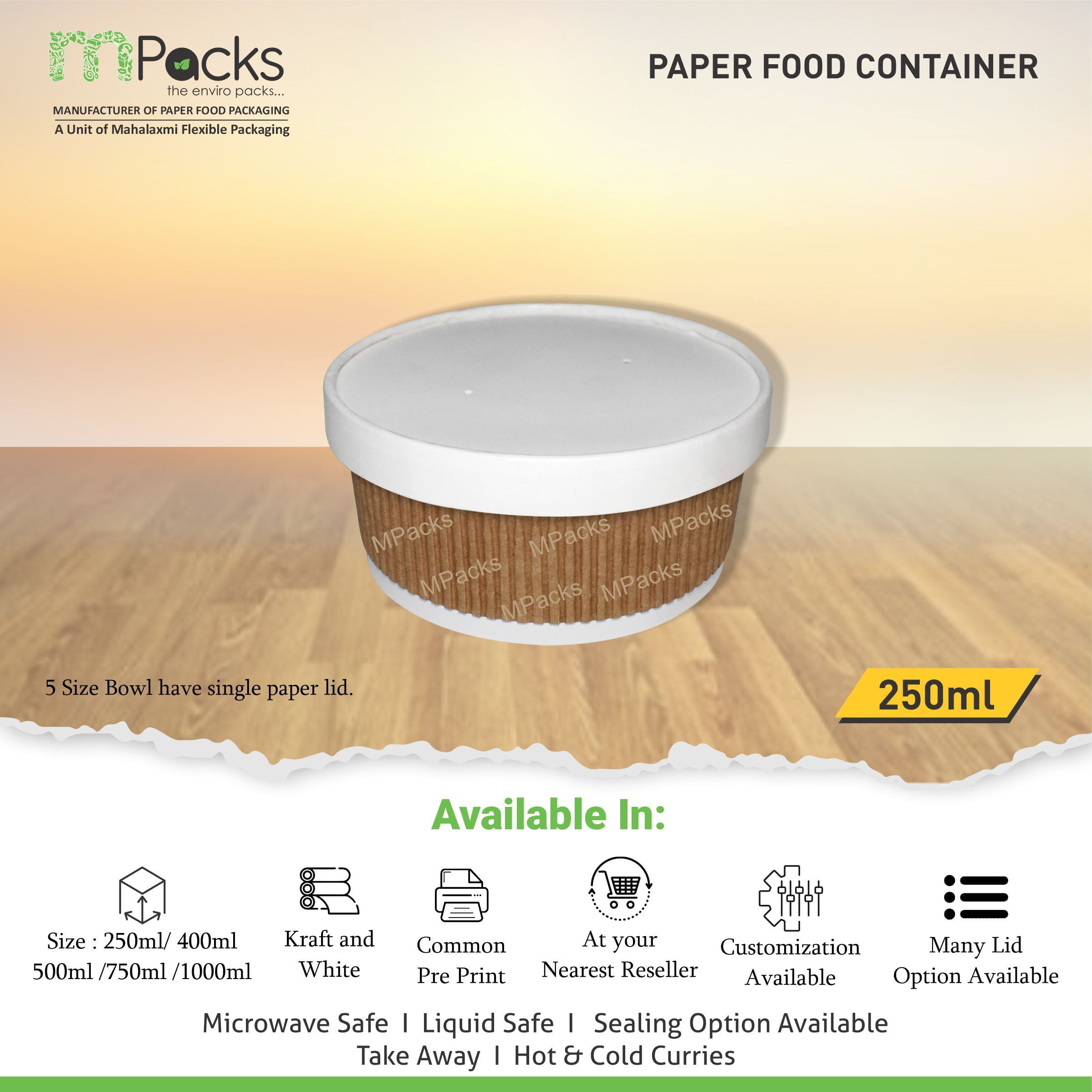 Paper Food Container - White and Ripple Paper with Lid - 250ml