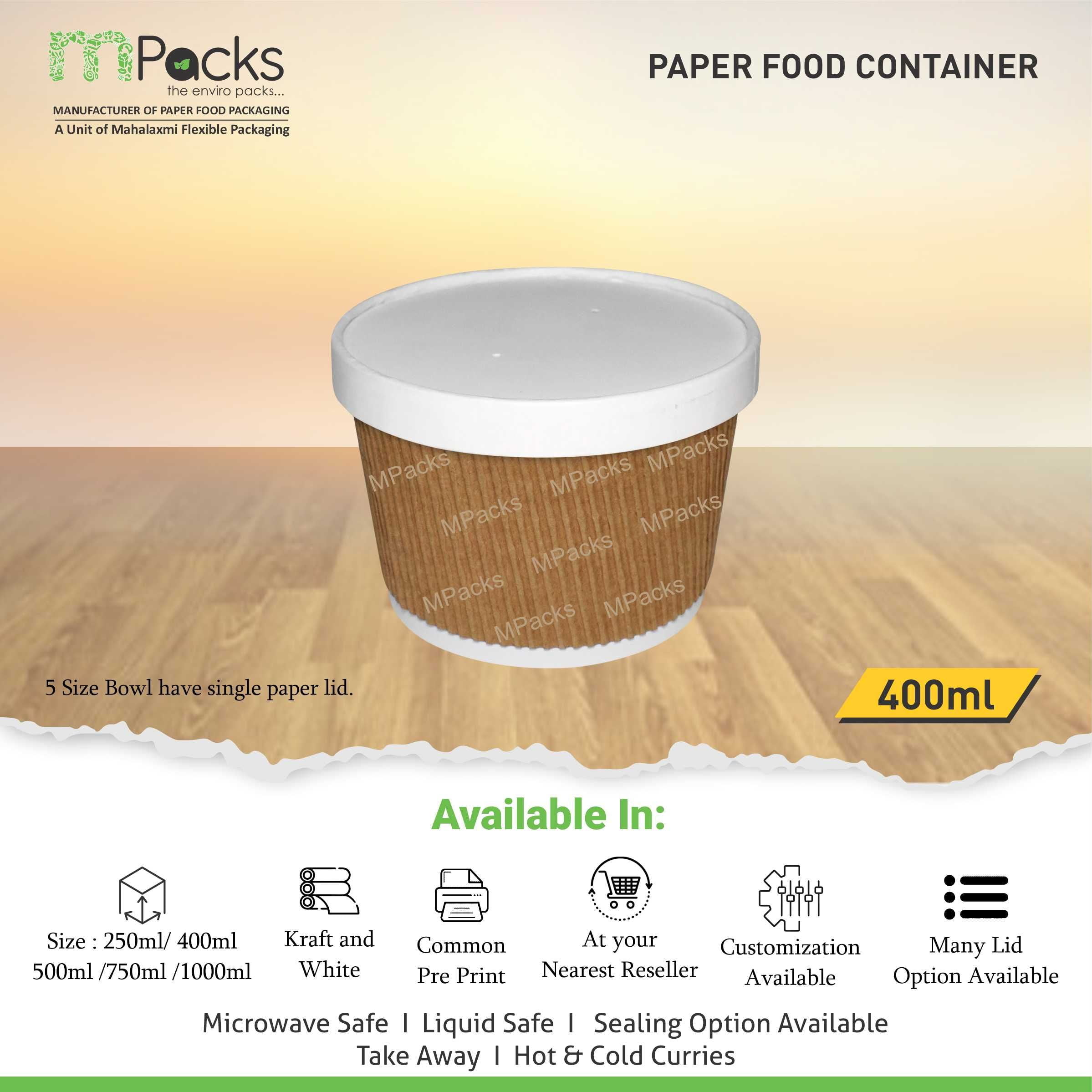 Paper Food Container - White and Ripple Paper with Lid -400ml