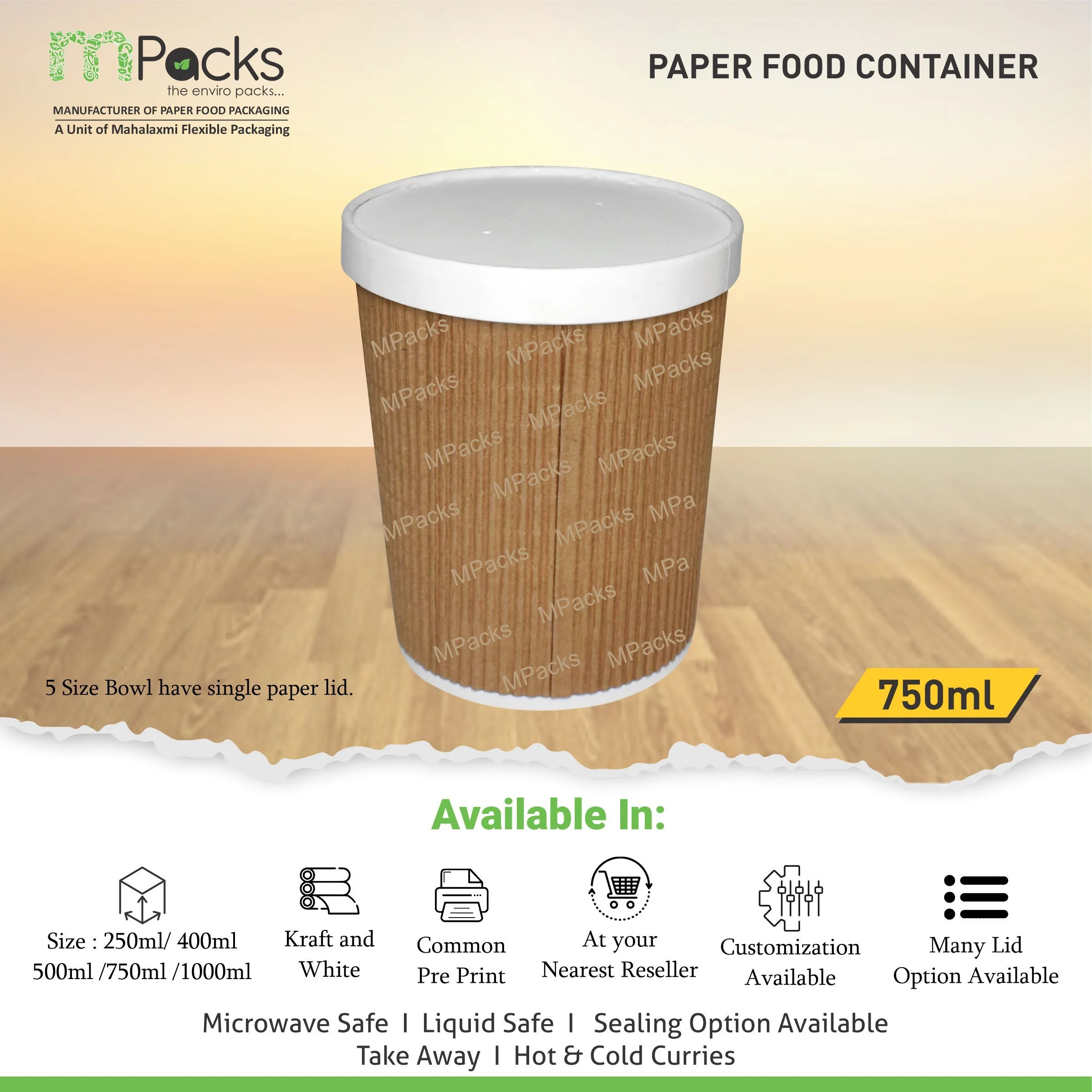 Paper Food Container - White and Ripple Paper with Lid -750ml