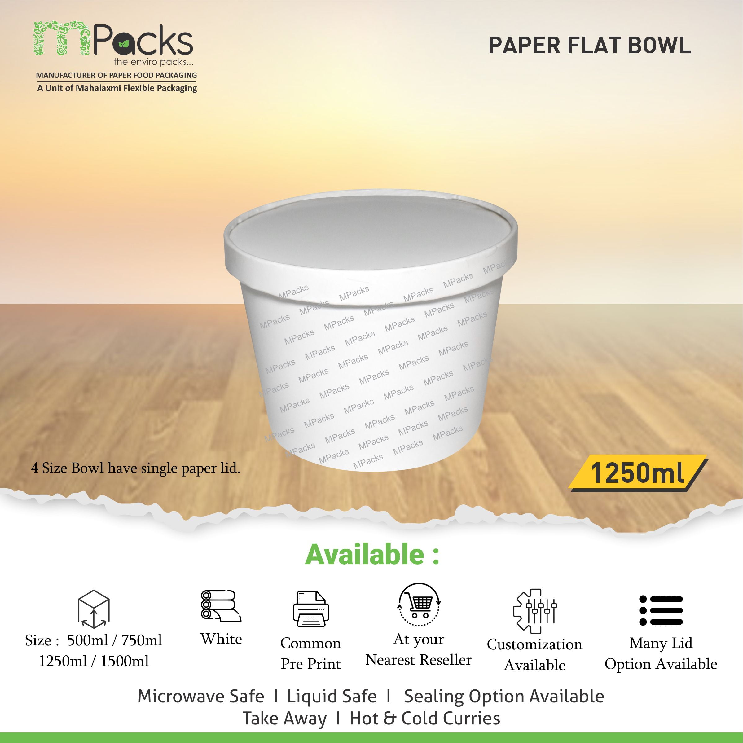 paper flat bowl | Paper Food Flat Bowl | Flat Bowl Container | Flat Bowl, Soup Bowl | White Paper with Lid -1250ml, 40oz Size