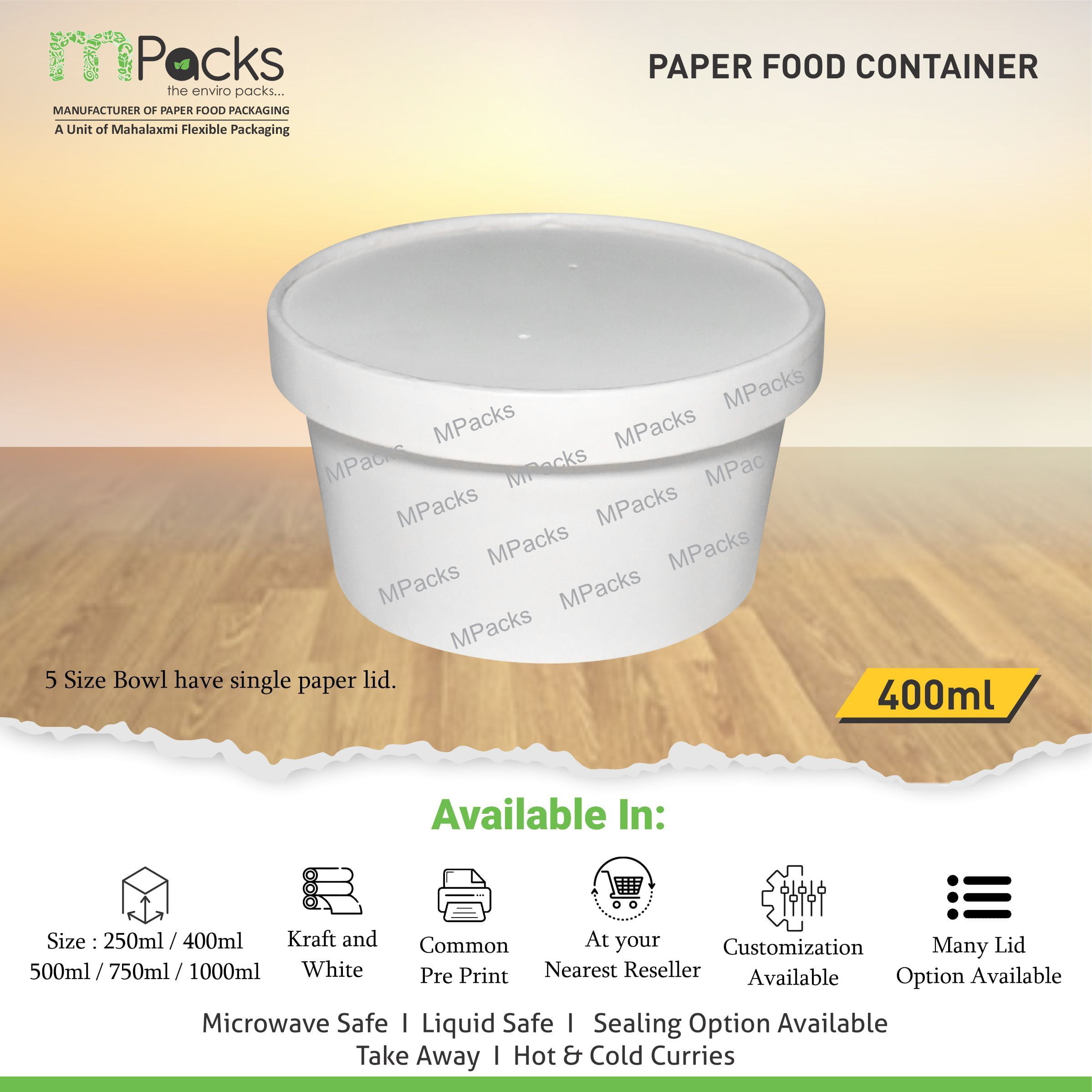 Paper Food Container, Soup Bowl - White Paper with Lid -400ml, 12oz Size