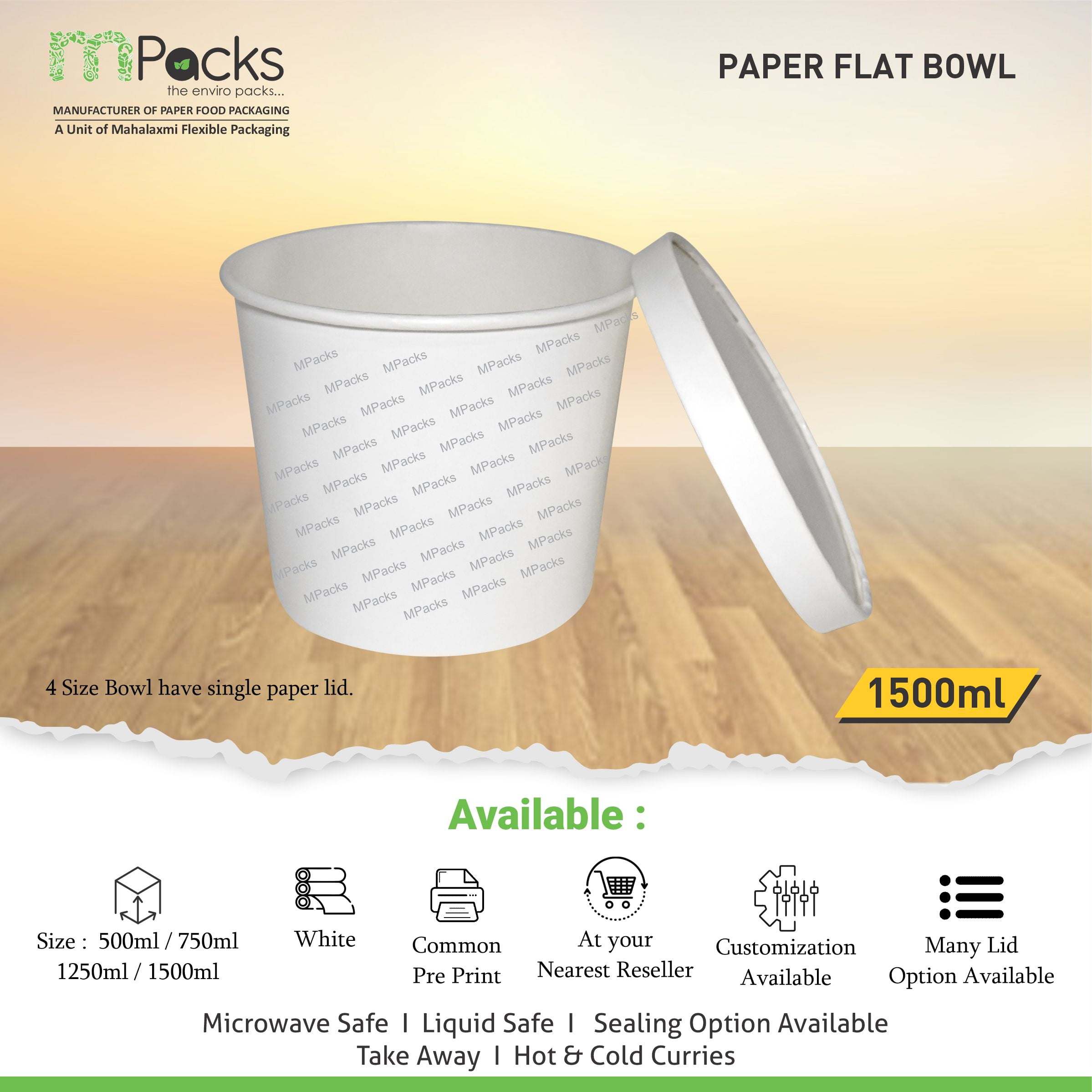 paper flat bowl | Paper Food Flat Bowl | Flat Bowl Container | Flat Bowl, Soup Bowl | White Paper with Lid -1500ml, 50oz Size