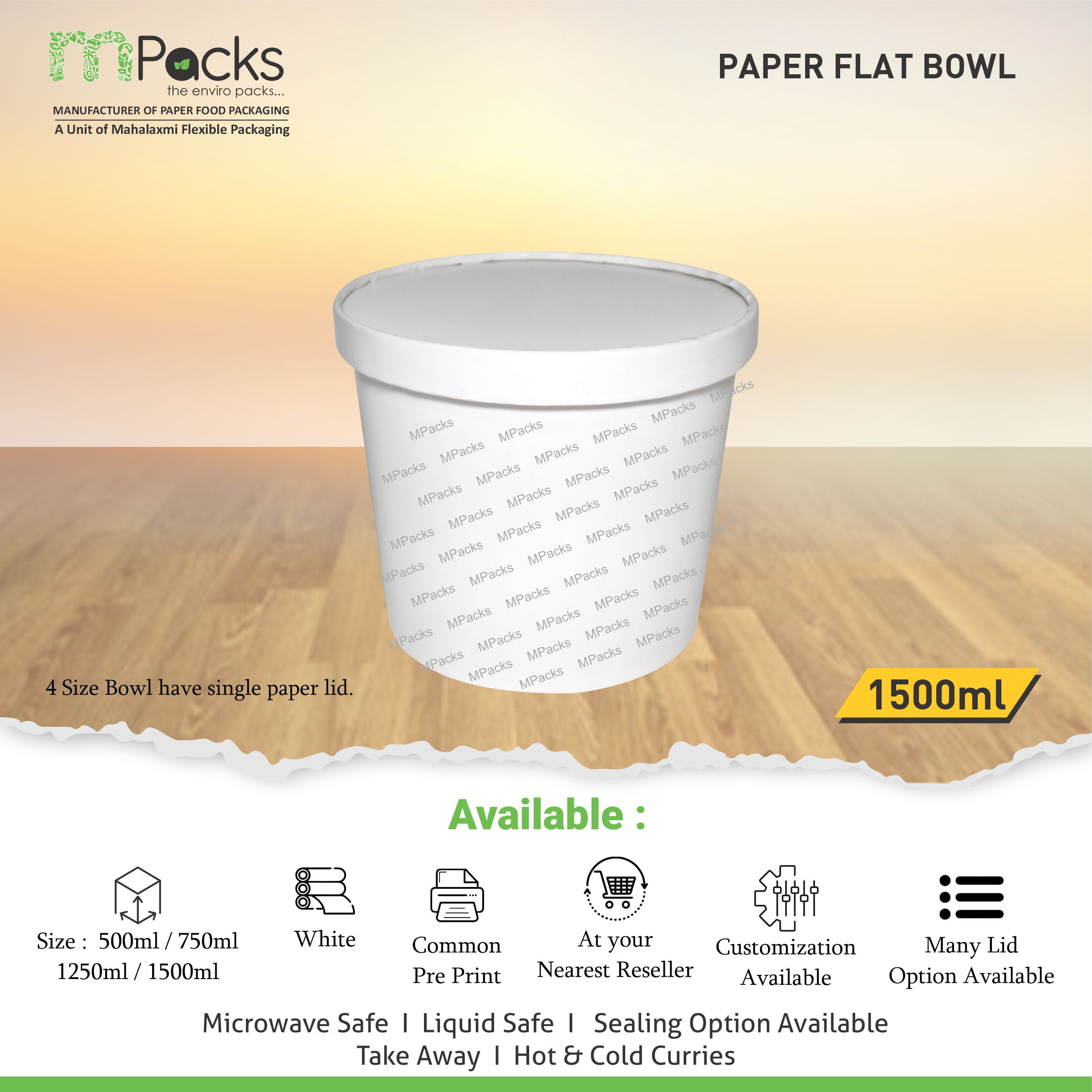 paper flat bowl | Paper Food Flat Bowl | Flat Bowl Container | Flat Bowl, Soup Bowl | White Paper with Lid -1500ml, 50oz Size