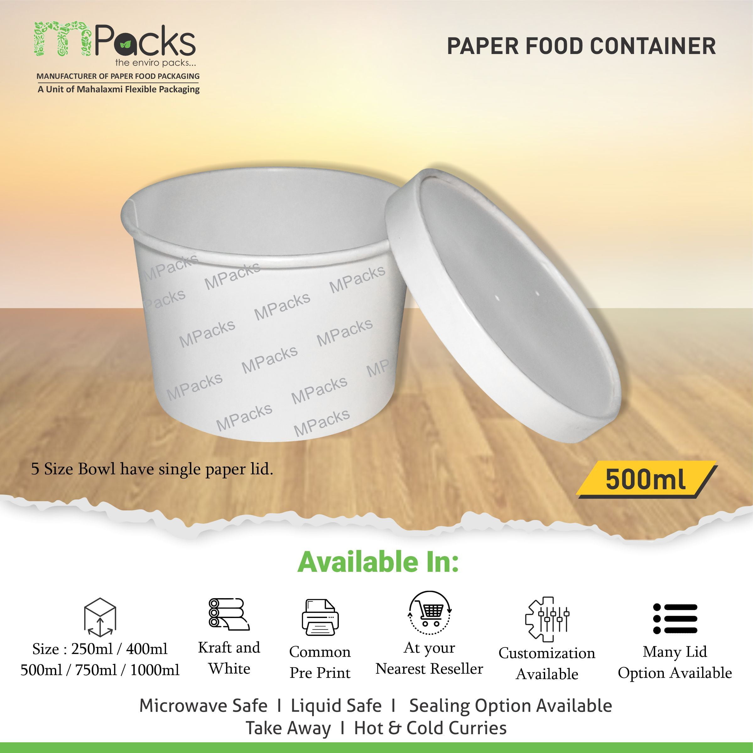 Paper Food Container, Soup Bowl - White Paper with Lid -500ml, 16oz Size