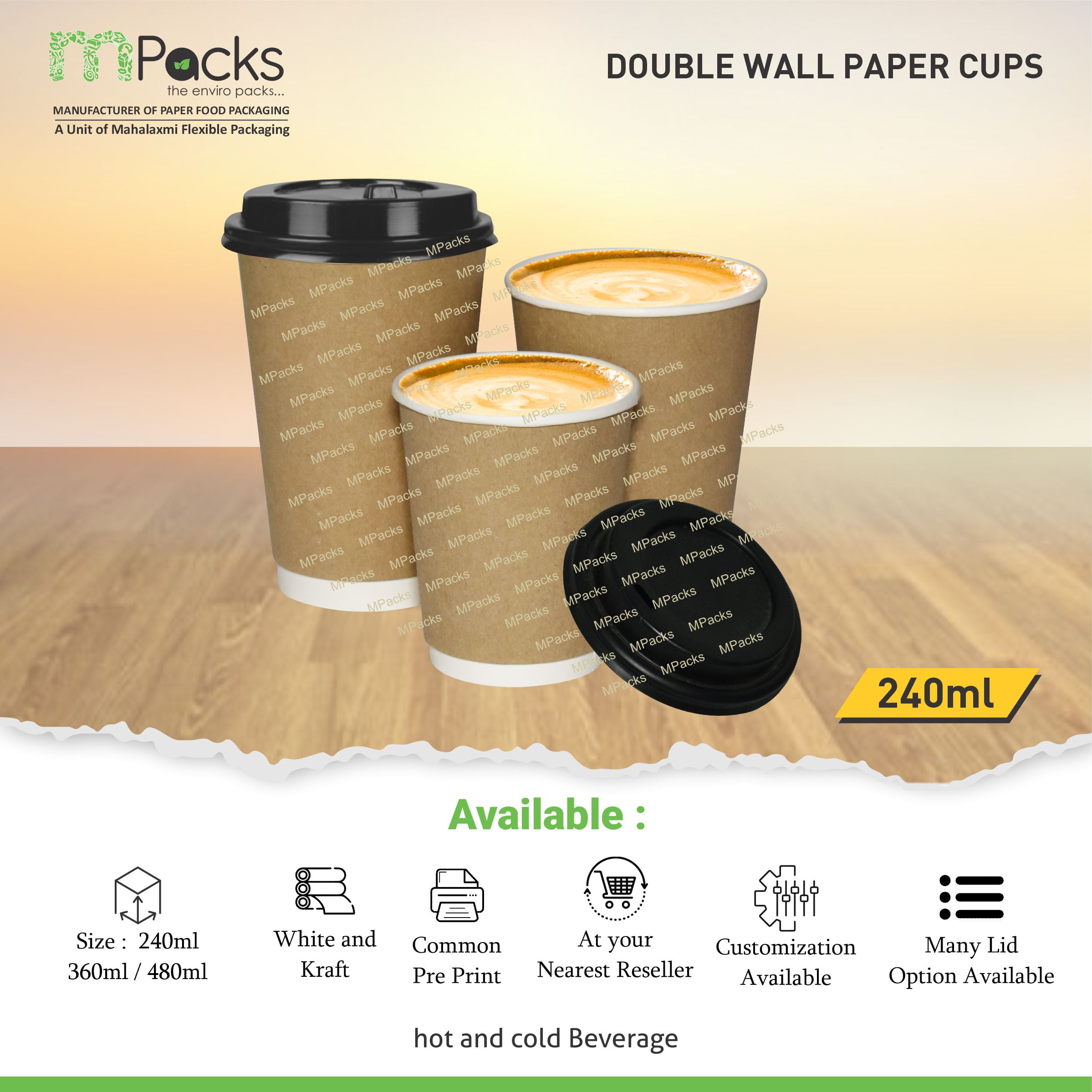 Paper Cup | Paper Glasses | Paper Cup Double Wall | Customize Paper Cup with lid - white and craft paper 240ml or 8oz Size