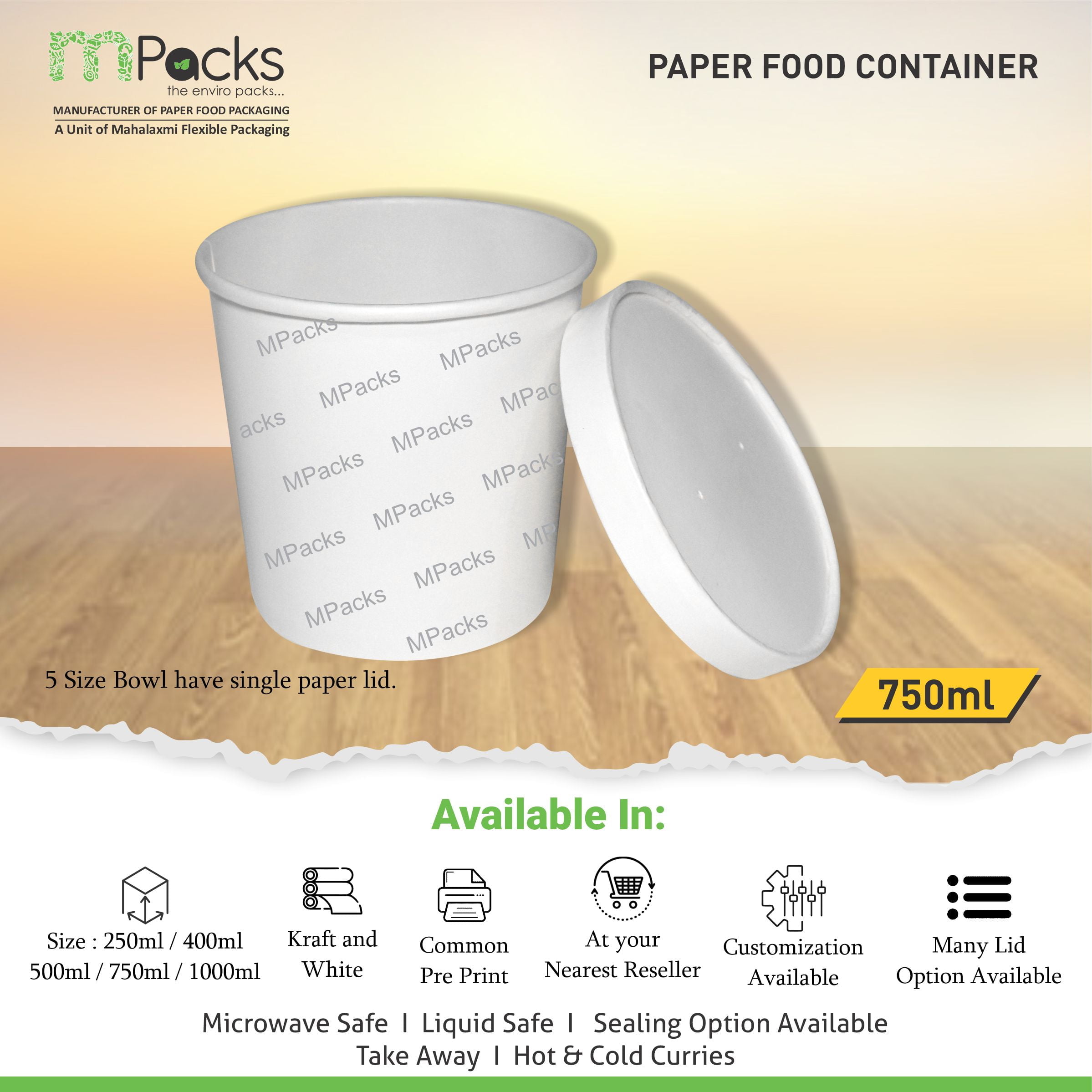 Paper Food Container, Soup Bowl - White Paper with Lid -750ml, 24oz Size