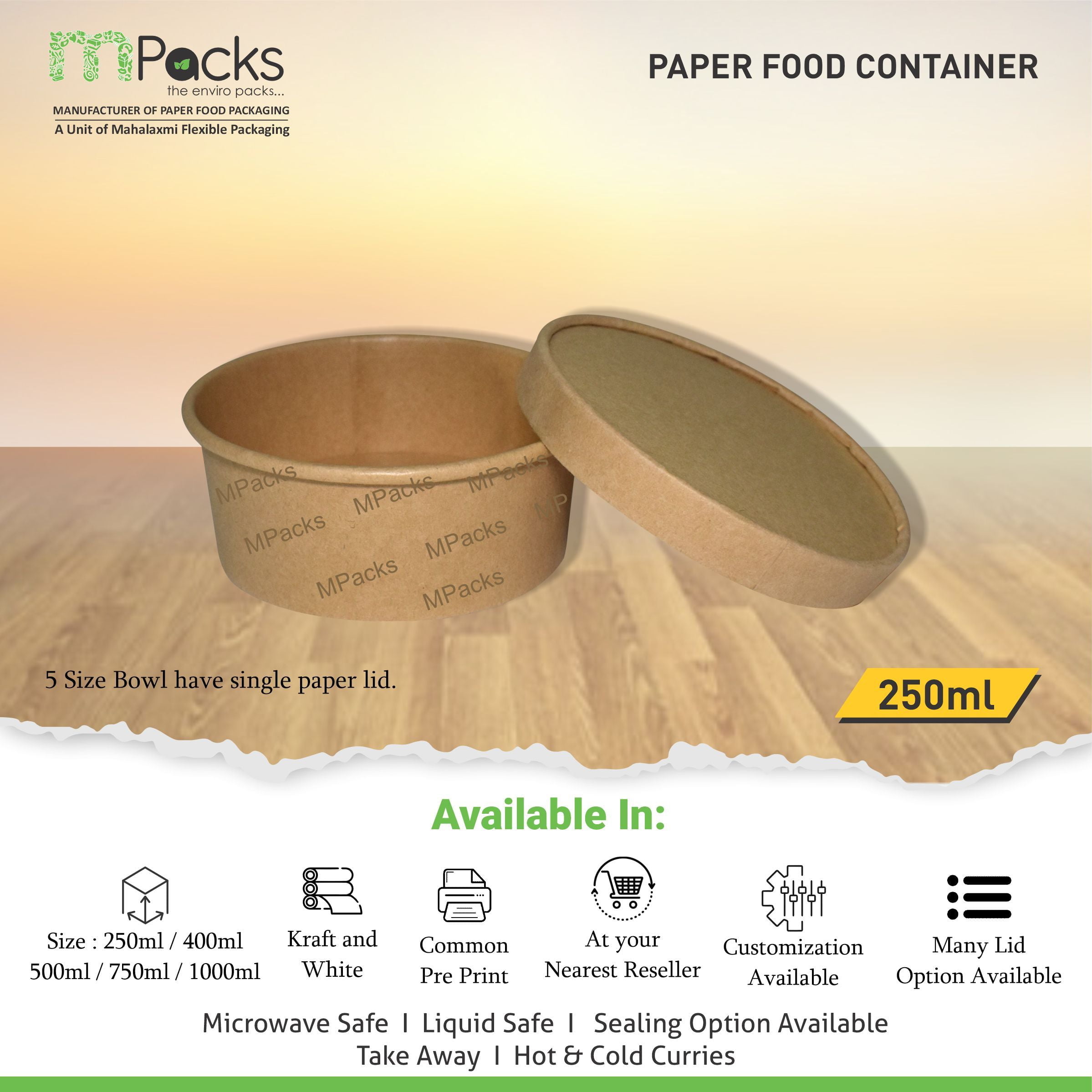 Paper Food Container - kraft Paper with lid - 250ml