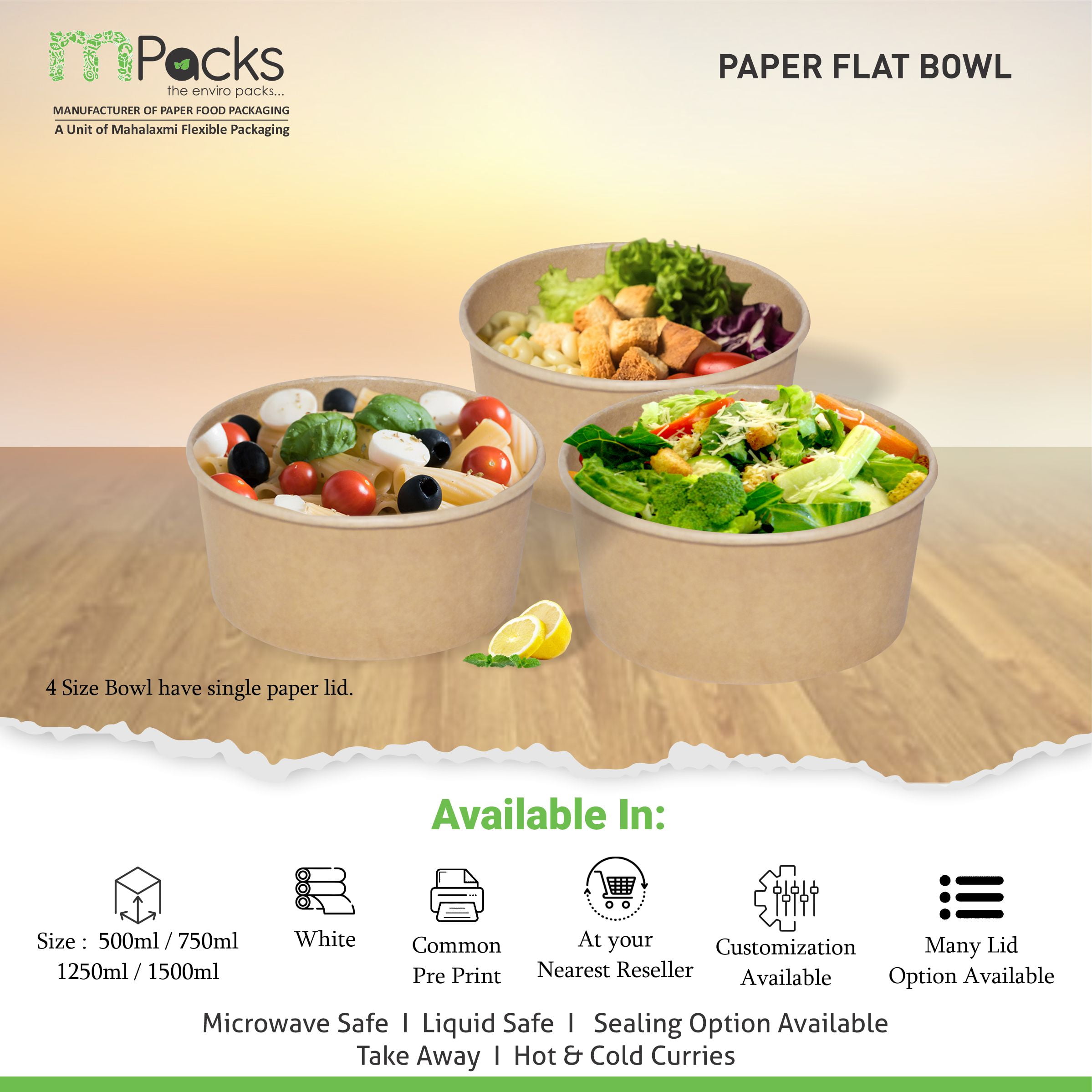 paper flat bowl | Paper Food Flat Bowl | Flat Bowl Container | Flat Bowl, Soup Bowl | Kraft Paper flat bowl with Lid -7500ml, 24oz Size