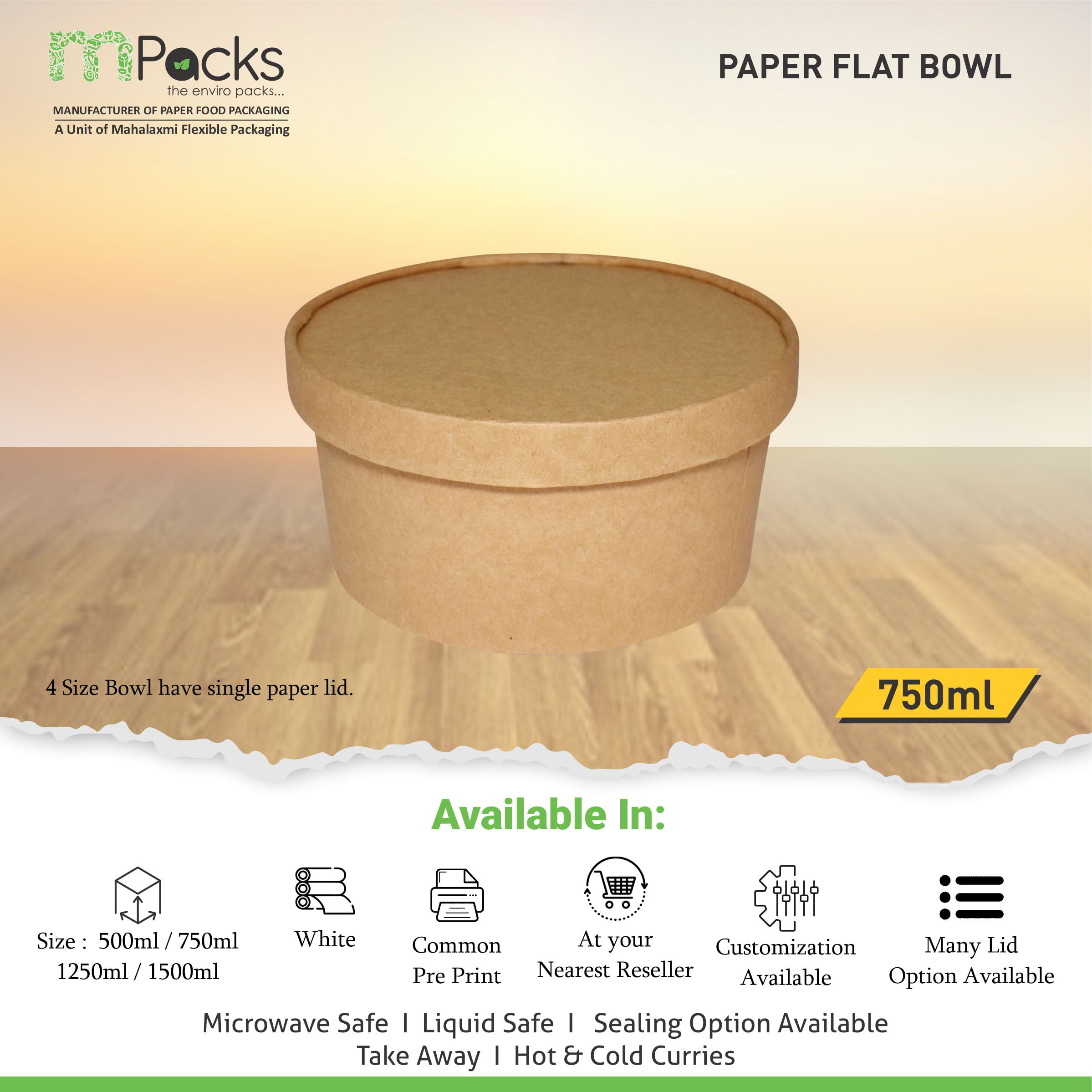 paper flat bowl | Paper Food Flat Bowl | Flat Bowl Container | Flat Bowl, Soup Bowl | Kraft Paper flat bowl with Lid -7500ml, 24oz Size