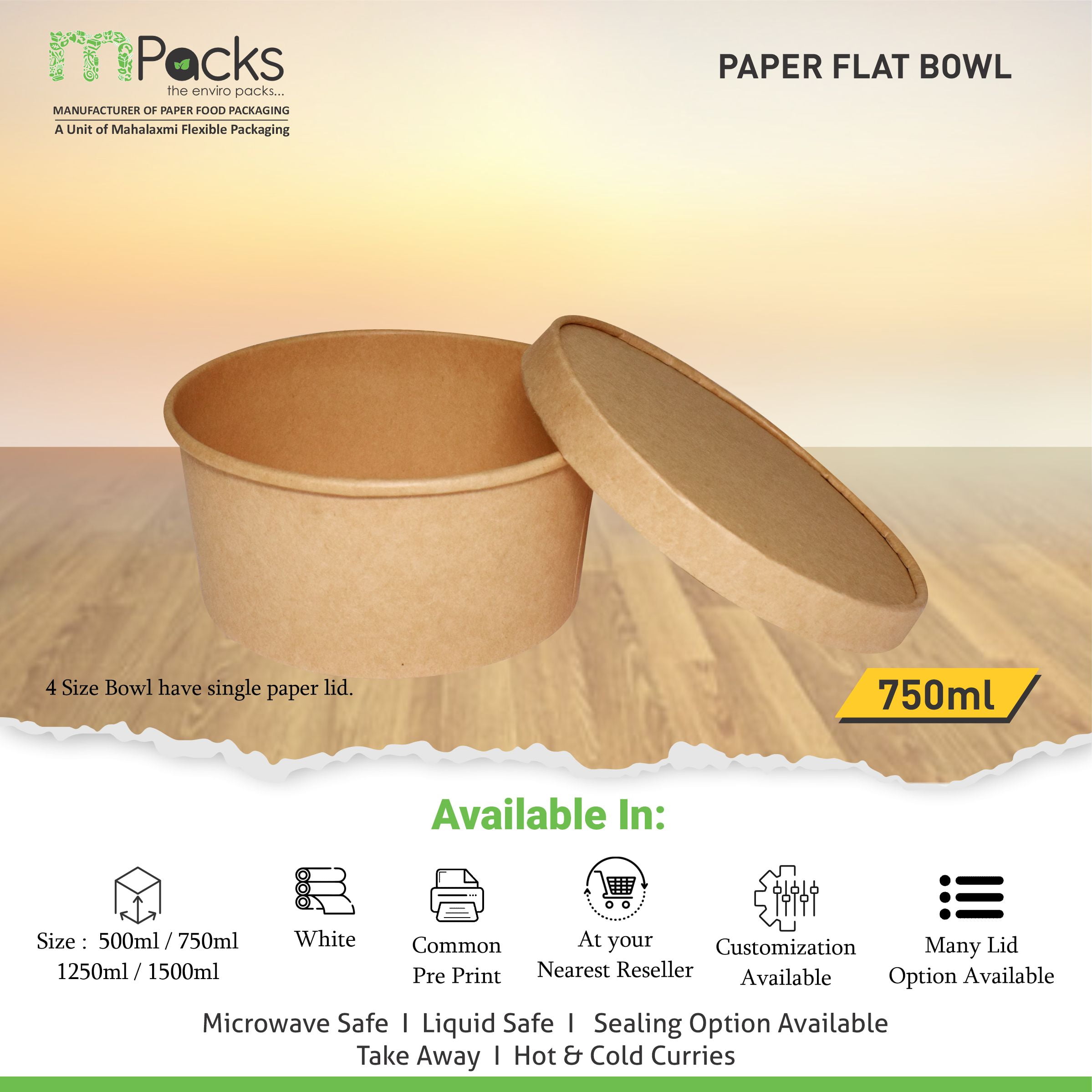 paper flat bowl | Paper Food Flat Bowl | Flat Bowl Container | Flat Bowl, Soup Bowl | Kraft Paper flat bowl with Lid -7500ml, 24oz Size