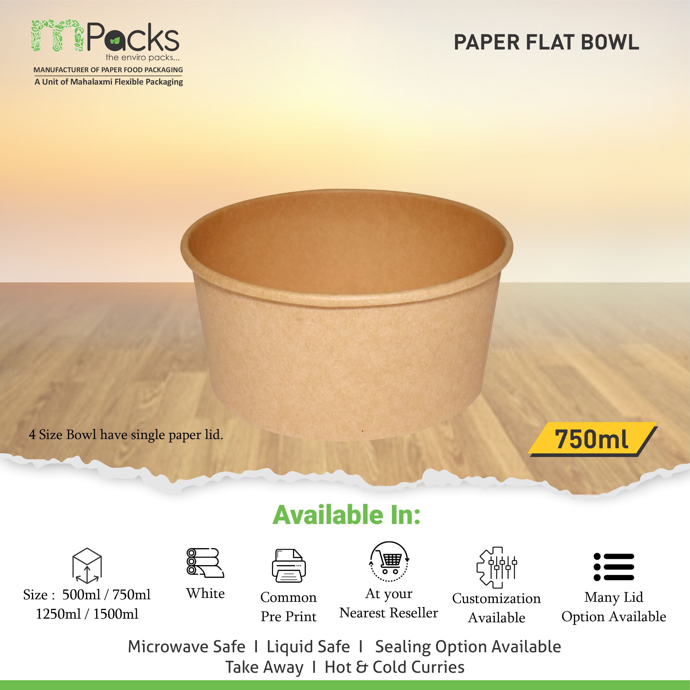 paper flat bowl | Paper Food Flat Bowl | Flat Bowl Container | Flat Bowl, Soup Bowl | Kraft Paper flat bowl with Lid -7500ml, 24oz Size