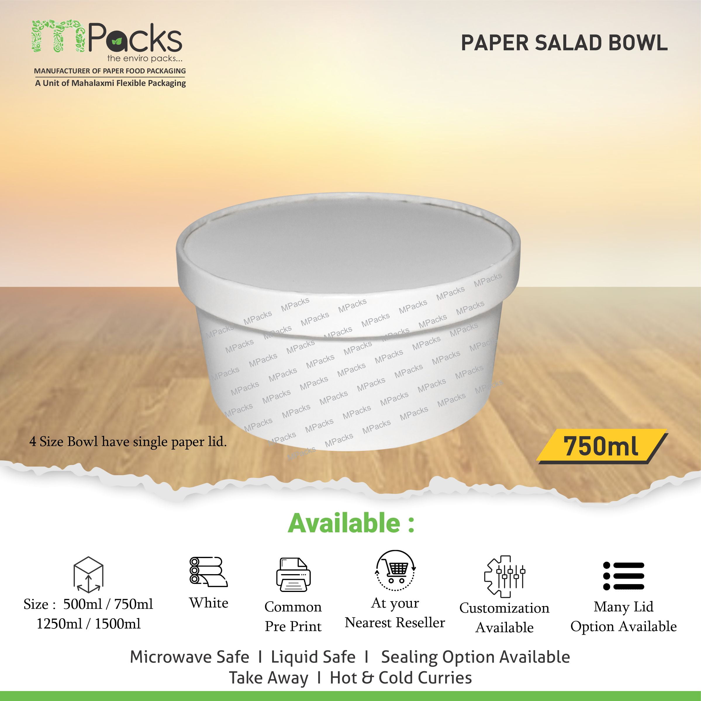 paper flat bowl | Paper Food Flat Bowl | Flat Bowl Container | Flat Bowl, Soup Bowl | Kraft Paper flat bowl with Lid -7500ml, 24oz Size