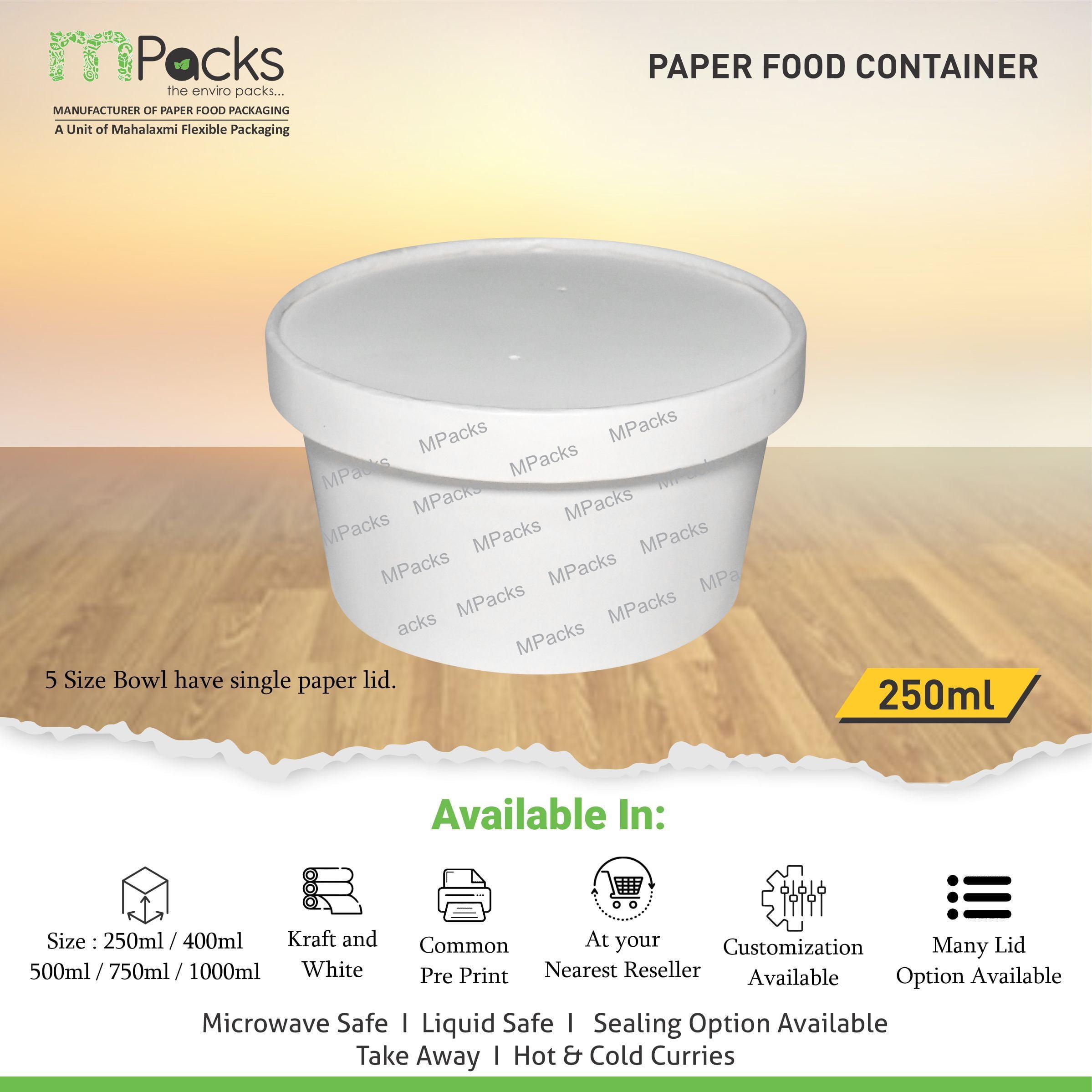 Paper Food Container - White Paper with Lid -250ml