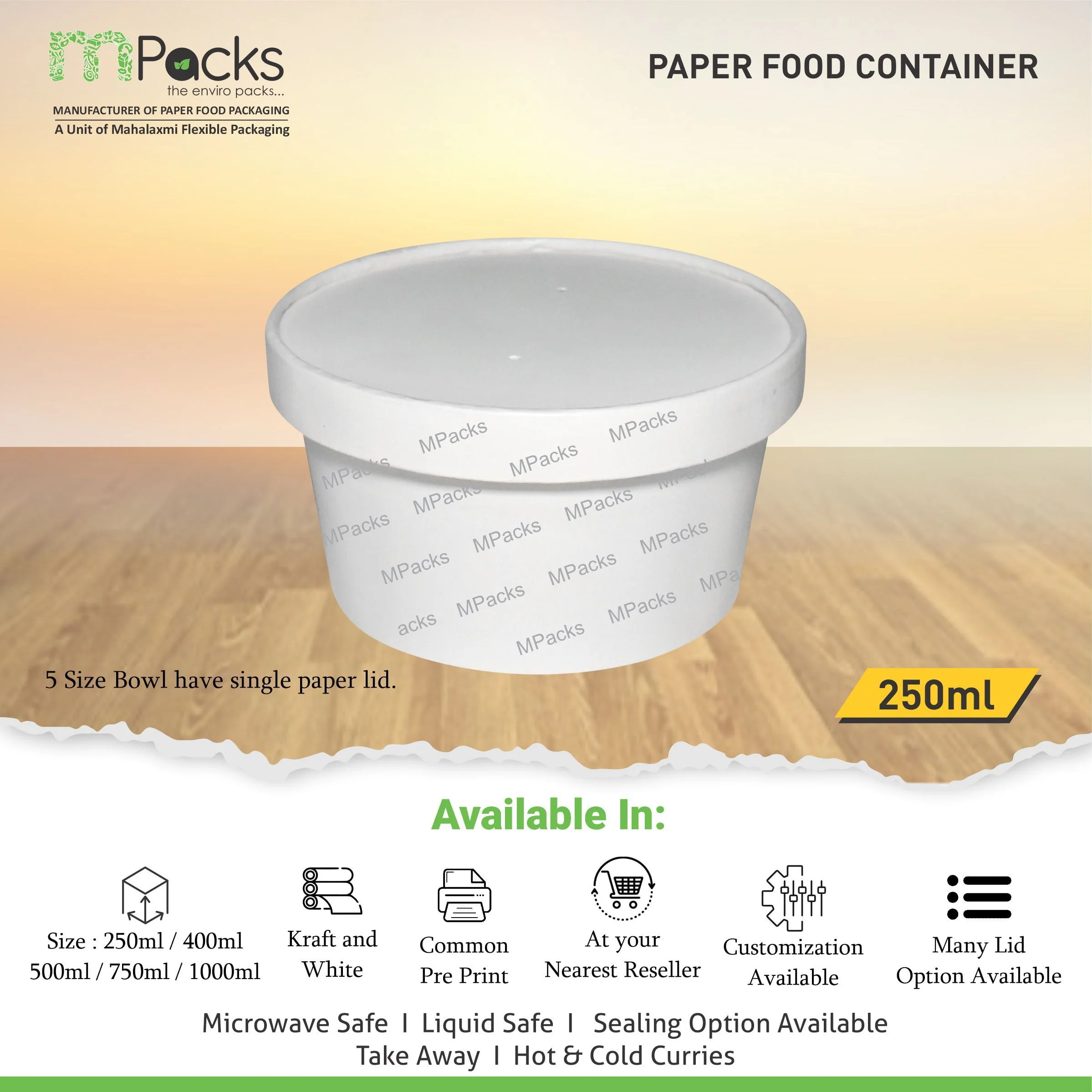 Paper Food Container - White Paper with Lid -250ml