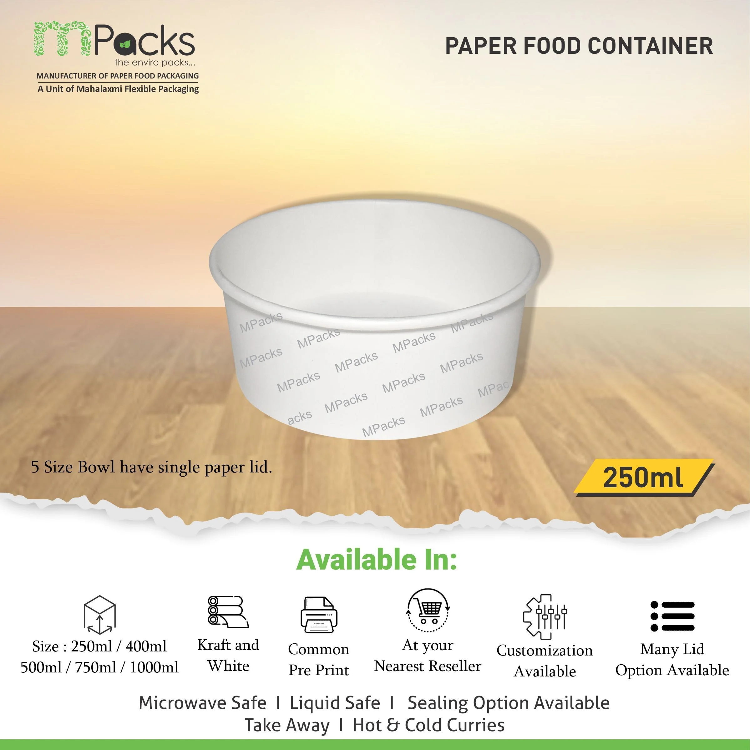 Paper Food Container - White Paper with Lid -250ml